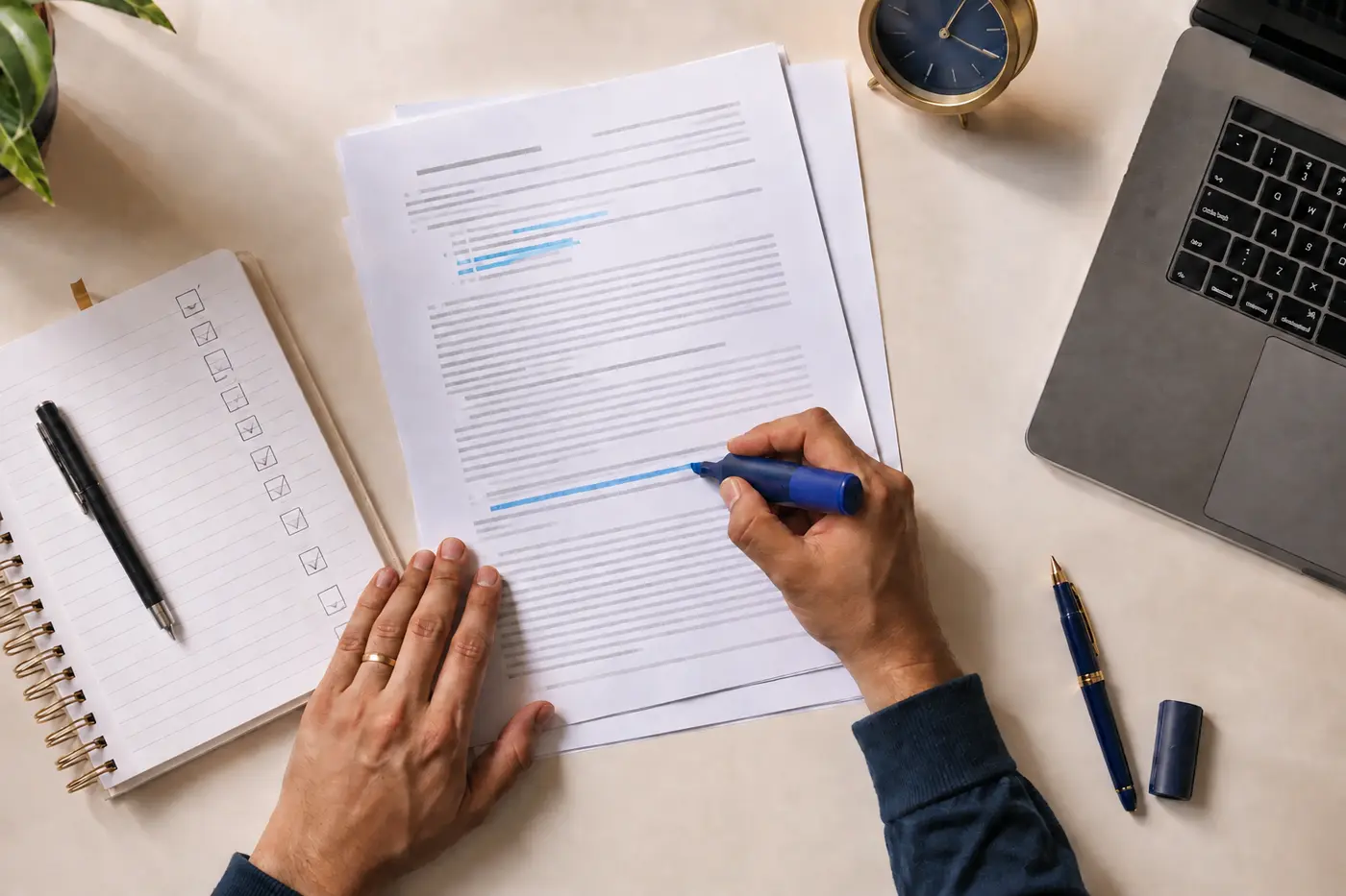 Mesa de estudos com edital, caderno e marca-texto