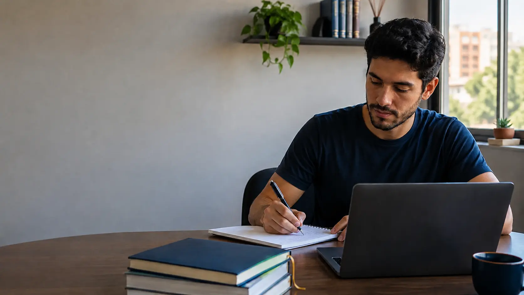 Pessoa estudando com caderno e notebook
